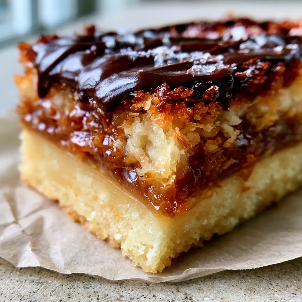 Samoas Cookies: The Ultimate Gourmet Homemade Recipe 2 Side profile of a thick Samoa dessert bar featuring vertical layers of golden shortbread and toasted coconut caramel. (Samoas Cookies)