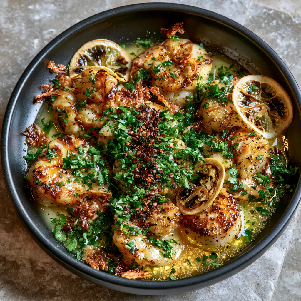 Ocean Bliss Seafood: Pan-Seared Tiger Shrimp and Scallops in Golden Garlic Butter 1 Garnished Ocean Bliss seafood with toasted garlic slivers and charred lemon wheels in a black bowl.