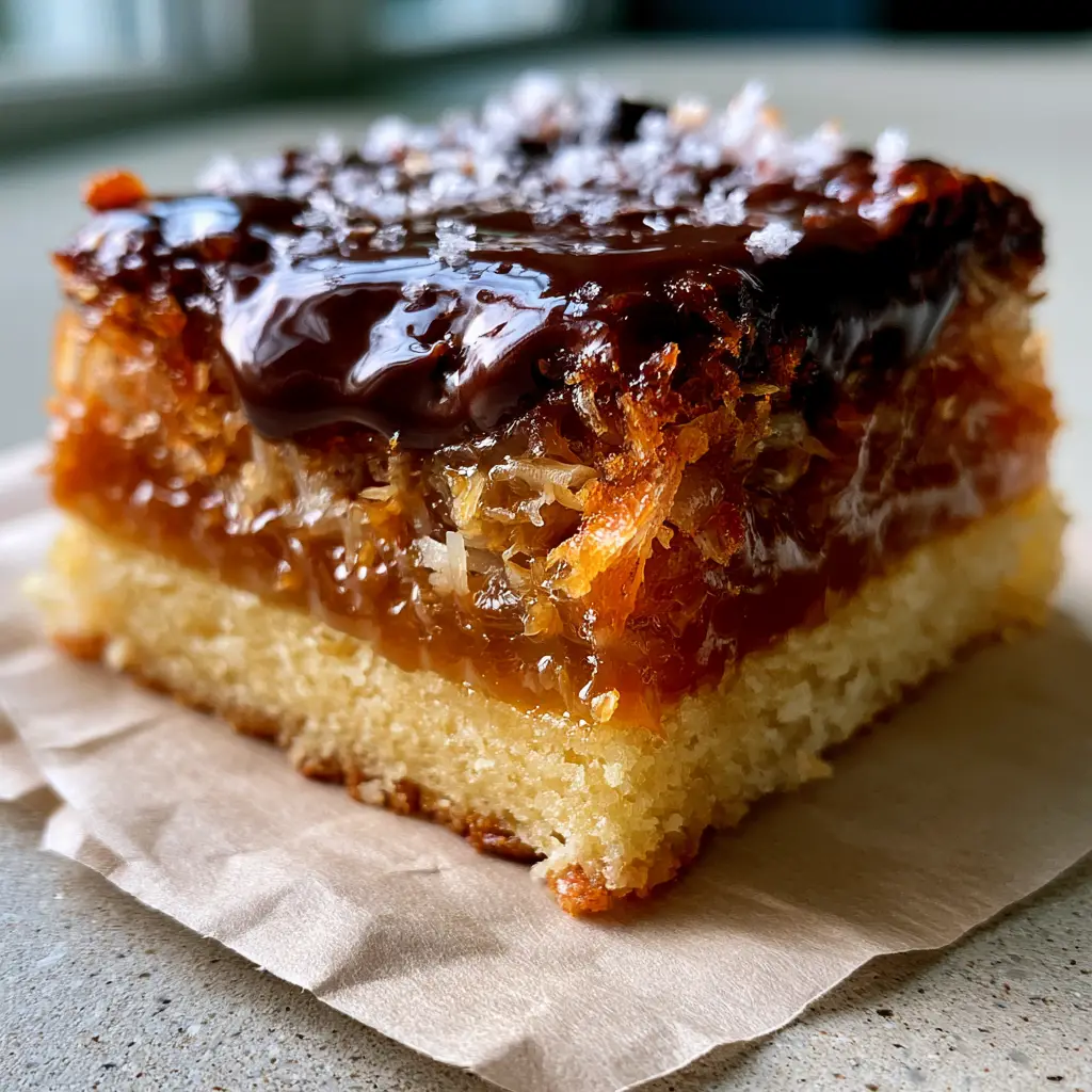 Samoas Cookies: The Ultimate Gourmet Homemade Recipe 1 Close-up texture of toasted coconut fibers and amber caramel topped with dark chocolate and sea salt flakes. (Samoas Cookies)