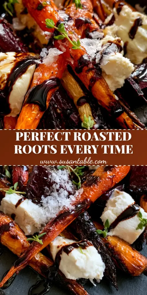 Roasted Beets and Carrots with Honey Glaze and Creamy Goat Cheese 4 A Pinterest-optimized vertical image featuring Roasted Beets and Carrots with charred edges, glossy honey glaze, and creamy goat cheese chunks on a dark slate tray.