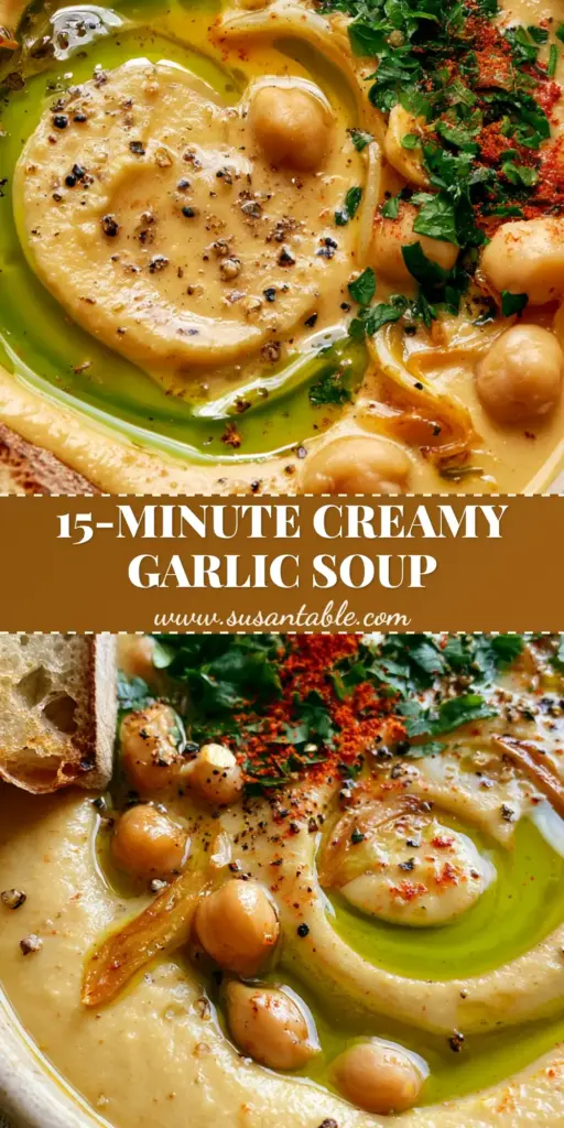 Vegan Garlic Chickpea Soup with Golden Sautéed Garlic and Toasted Sourdough 4 A close-up vertical shot of vegan garlic chickpea soup in a bowl with golden garlic slivers, parsley, and a piece of sourdough bread.
