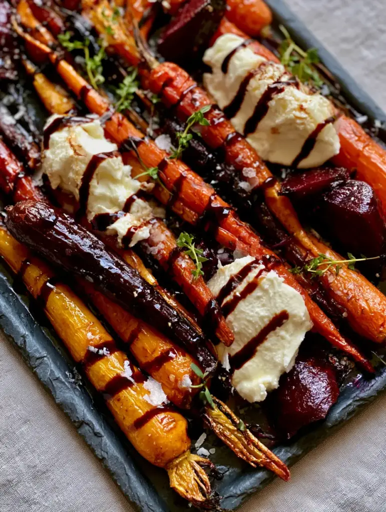 Roasted Beets and Carrots with Honey Glaze and Creamy Goat Cheese 2 A top-down macro shot of Roasted Beets and Carrots showing distinct charred, blistered edges and a glistening honey glaze catching soft natural light.