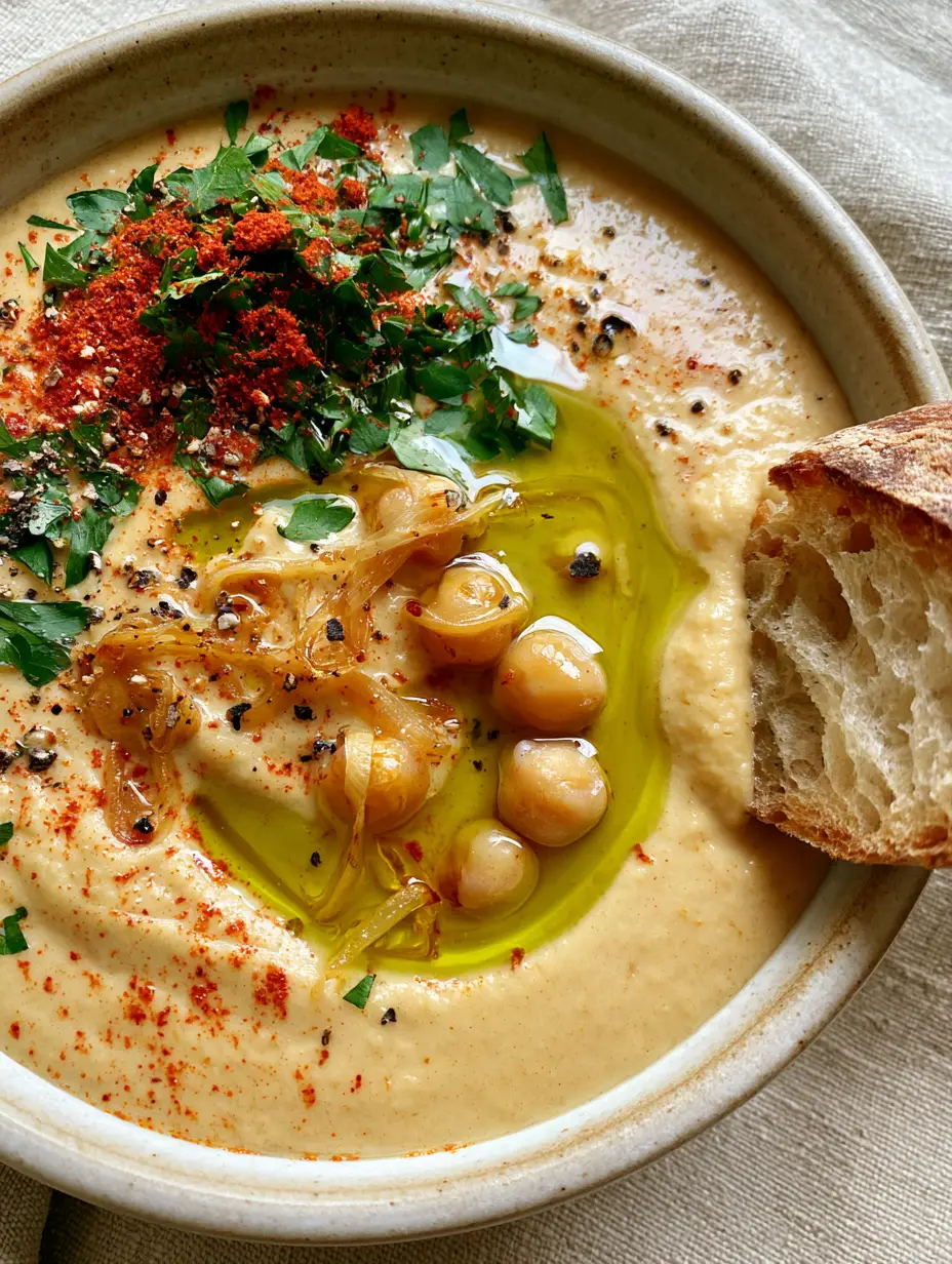 Vegan Garlic Chickpea Soup with Golden Sautéed Garlic and Toasted Sourdough 3 Macro shot of velvety vegan garlic chickpea soup showing the silky texture and golden chickpeas. (vegan garlic chickpea soup)