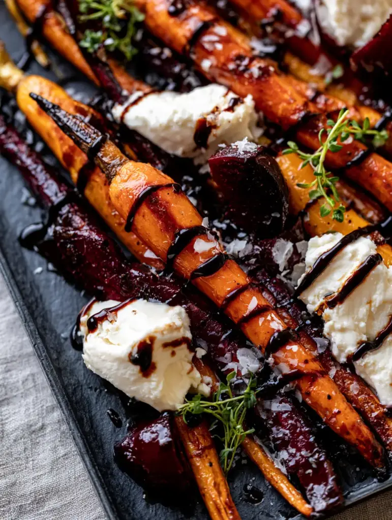 Roasted Beets and Carrots with Honey Glaze and Creamy Goat Cheese 1 A wide top-down view of a dark slate sheet pan filled with Roasted Beets and Carrots, drizzled with thick balsamic glaze and topped with goat cheese.