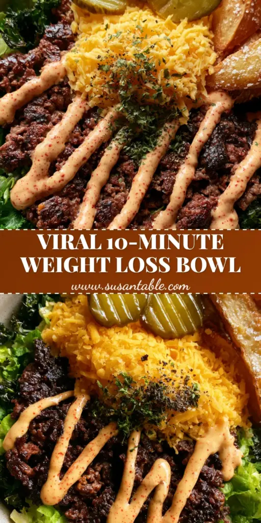Burger Bowls with Crispy Smash Beef and Air-Fried Potato Wedges 4 Overhead shot of two gourmet burger bowls with crispy smash beef, air-fried potatoes, and secret sauce. (burger bowls)