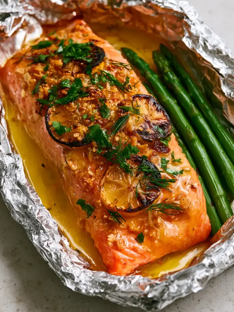 Rustic foil packet containing salmon, blanched asparagus, and caramelized lemon wheels.