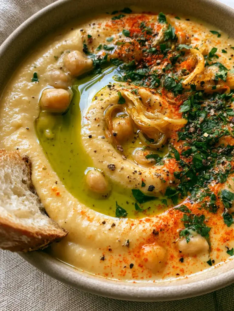 Vegan Garlic Chickpea Soup with Golden Sautéed Garlic and Toasted Sourdough 1 Overhead macro shot of the soup garnished with golden garlic slivers, green oil, and smoked paprika. (vegan garlic chickpea soup)