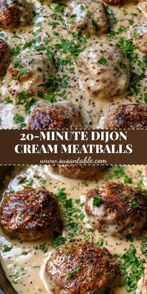 A top-down photo of succulent beef meatballs in Dijon gravy inside a rustic black cast iron skillet, garnished with parsley and cracked black pepper.