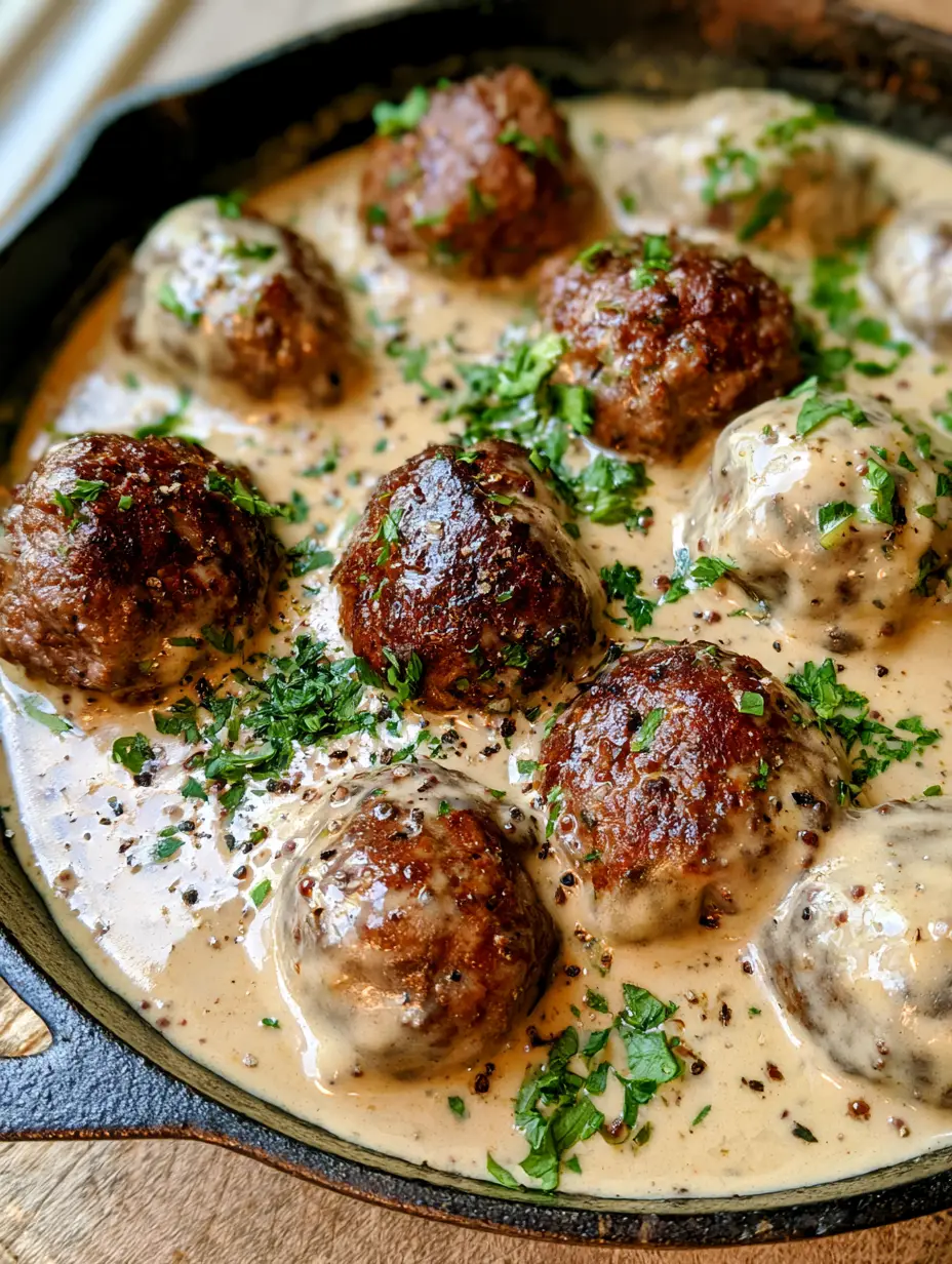 Close-up of browned beef meatballs in a pale-ivory Dijon gravy with visible whole grain mustard seeds.