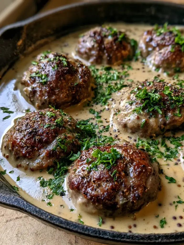 Rustic cast iron skillet on a wooden countertop featuring meatballs in Dijon gravy.