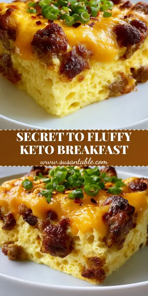 Keto Breakfast Casserole with Fluffy Aerated Eggs and Seared Sausage 3 A macro close-up of a thick square slice of Keto breakfast casserole featuring aerated fluffy eggs and molten sharp cheddar on a white ceramic plate.