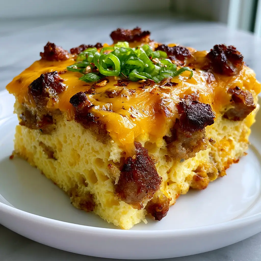Keto Breakfast Casserole with Fluffy Aerated Eggs and Seared Sausage 2 A side-angle macro close-up of a Keto breakfast casserole slice with visible porous egg texture and seared sausage crumbles.
