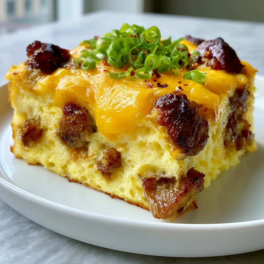 Keto Breakfast Casserole with Fluffy Aerated Eggs and Seared Sausage 1 A thick slice of cheesy Keto breakfast casserole on a modern white ceramic plate with a marble background.
