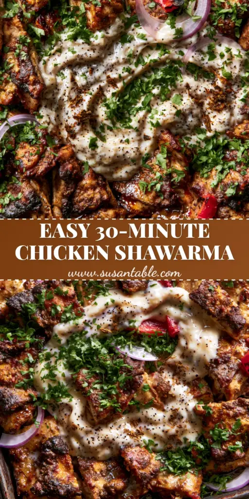 Overhead view of a dark metal sheet pan featuring charred chicken shawarma strips, thick white garlic sauce, and fresh parsley. (chicken shawarma)