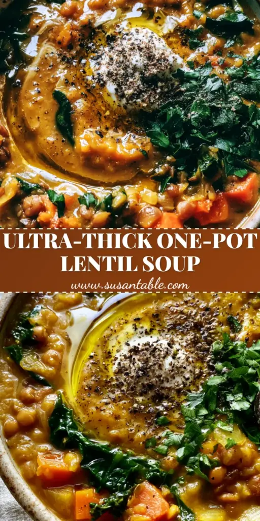Lentil Vegetable Soup: The Ultimate Velvety Mediterranean Recipe 4 Top-down view of a rustic ceramic bowl filled with creamy lentil vegetable soup, topped with Greek yogurt, kale ribbons, and a side of sourdough bread.