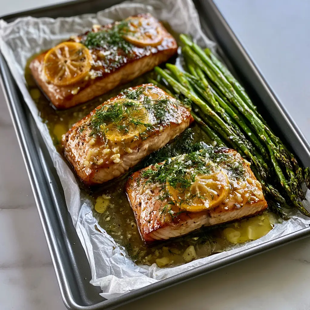 Sheet Pan Lemon Garlic Butter Salmon: The Ultimate One-Pan Dinner 2 Overhead shot of three salmon fillets with seared edges and glistening garlic butter on a dark sheet pan. (Sheet pan lemon garlic butter salmon)