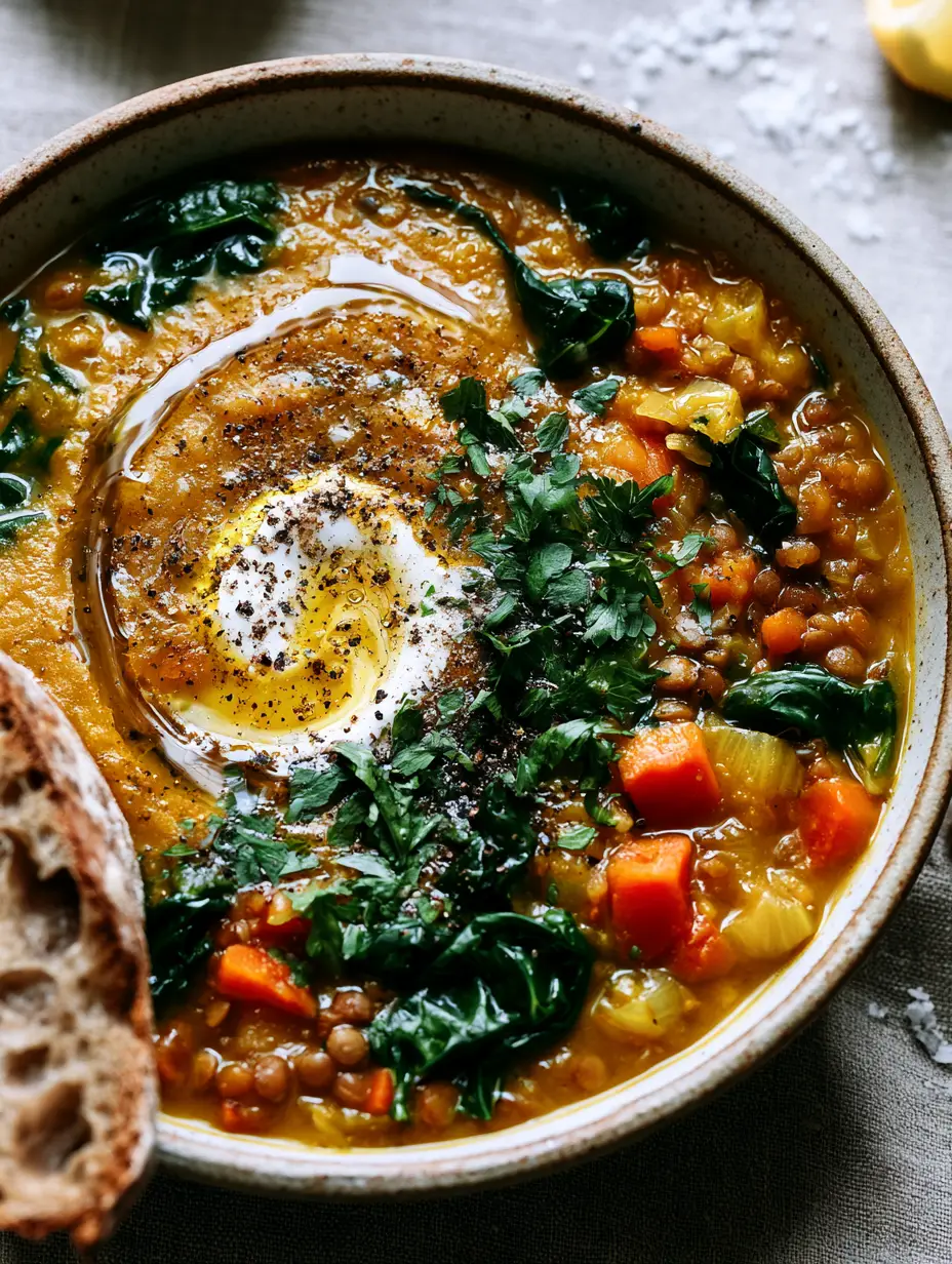 Lentil Vegetable Soup: The Ultimate Velvety Mediterranean Recipe 3 Close-up of velvety lentil vegetable soup showing vibrant carrots, emerald kale, and a glossy olive oil swirl in a rustic bowl. (lentil vegetable soup)