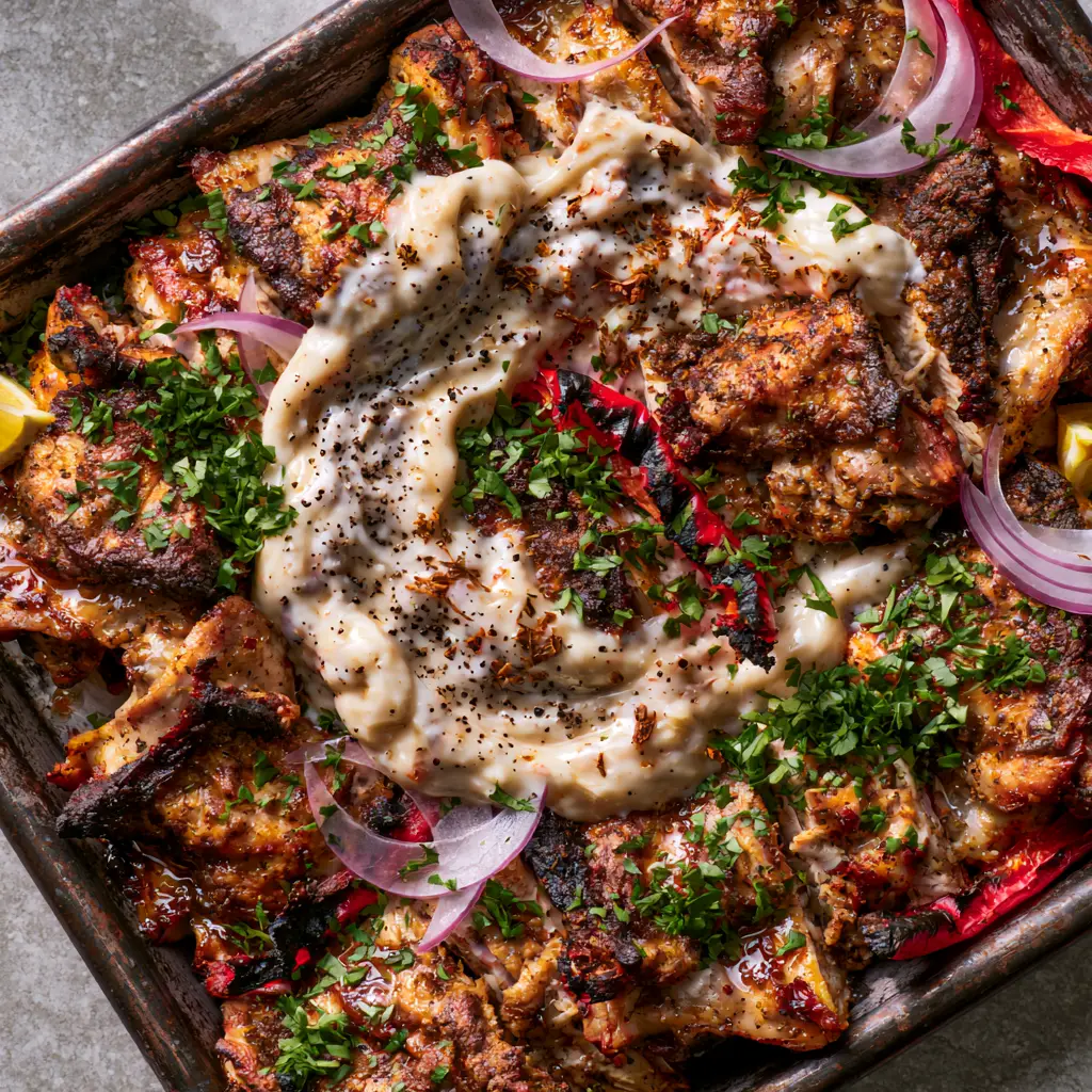 Chicken shawarma on a sheet pan topped with red onion crescents, roasted peppers, and lemon wedges.