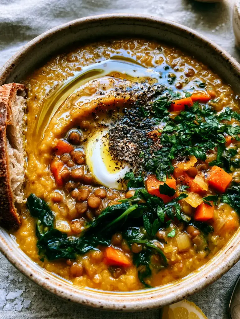 Lentil Vegetable Soup: The Ultimate Velvety Mediterranean Recipe 1 Handheld photo of a bowl of lentil vegetable soup on a grey linen tablecloth with fresh parsley and sourdough.