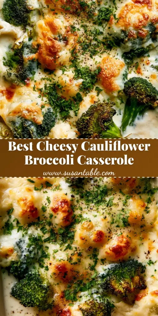 A top-down view of a bubbling cheesy cauliflower broccoli casserole in a white dish, featuring a toasted golden cheese crust and fresh parsley.