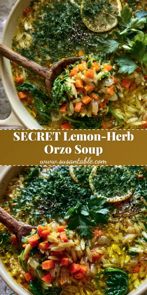 Orzo Vegetable Soup with Lemon and Fresh Herbs 3 A high-angle photo of vibrant orzo vegetable soup in a cream Dutch oven with lemon slices and fresh dill.