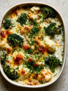 Close-up of toasted sharp cheddar and bubbly mozzarella on a cheesy cauliflower broccoli casserole.