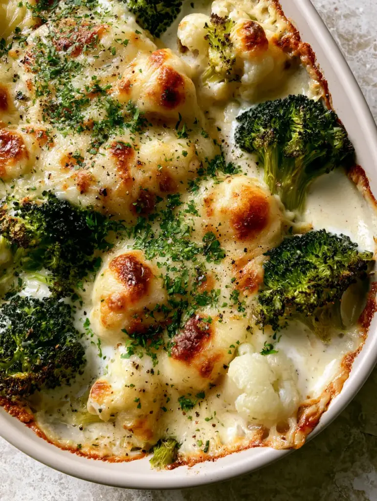 A bubbling cheesy cauliflower broccoli casserole in a modern matte white ceramic dish on a grey stone countertop.
