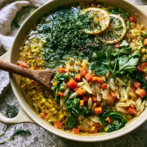 Close up of golden orzo vegetable soup with shimmering olive oil droplets and fresh herbs.