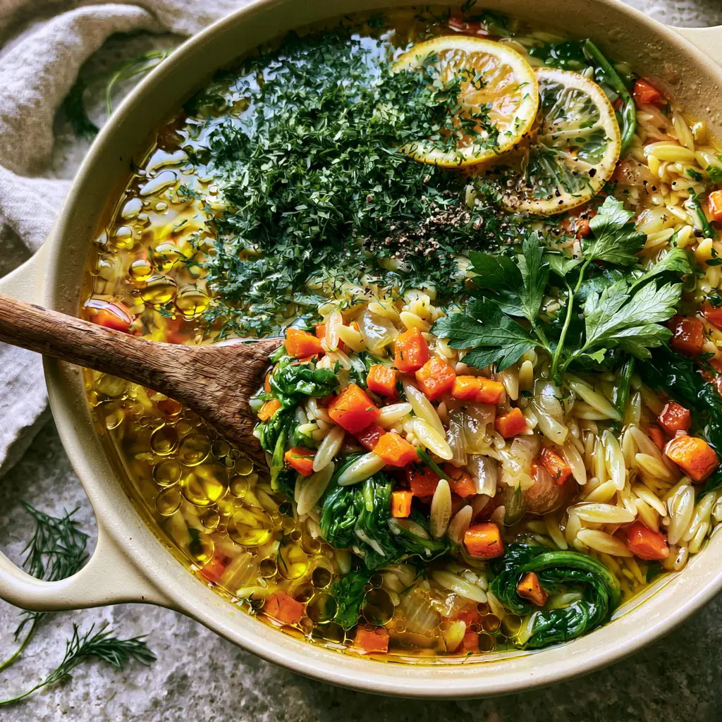 Orzo Vegetable Soup with Lemon and Fresh Herbs 2 Close up of golden orzo vegetable soup with shimmering olive oil droplets and fresh herbs.