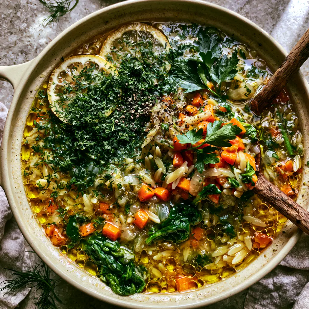Orzo Vegetable Soup with Lemon and Fresh Herbs 1 Handheld photo of a wooden spoon lifting orzo and vegetables from a ceramic pot of orzo vegetable soup.