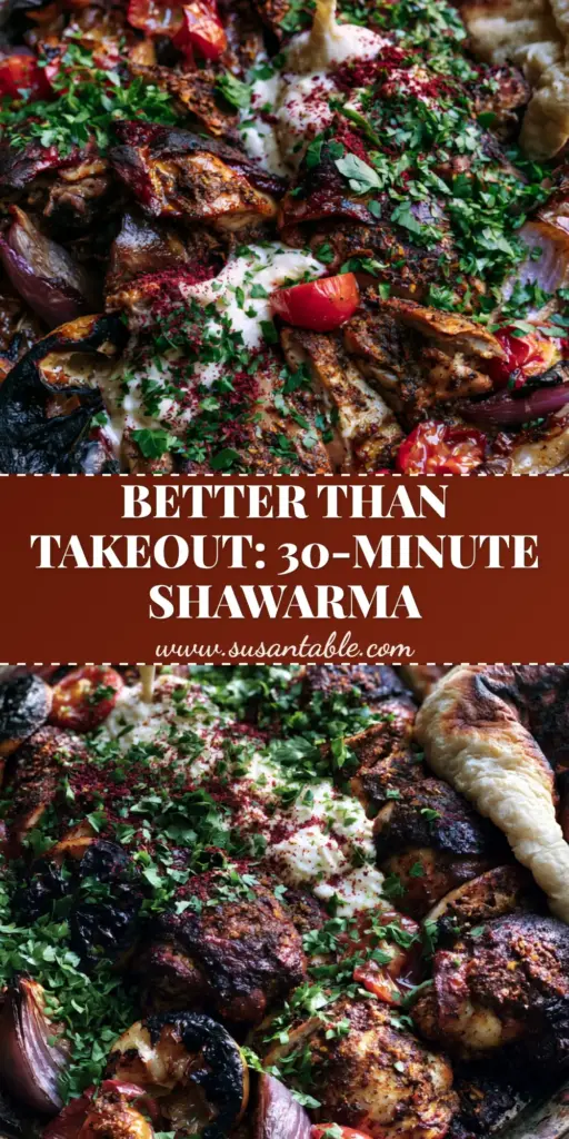 Chicken Shawarma Recipe with Roasted Tomatoes and Creamy Toum 4 A rustic sheet pan filled with sliced chicken shawarma, blistered tomatoes, and a creamy white garlic sauce drizzle. (chicken shawarma recipe)