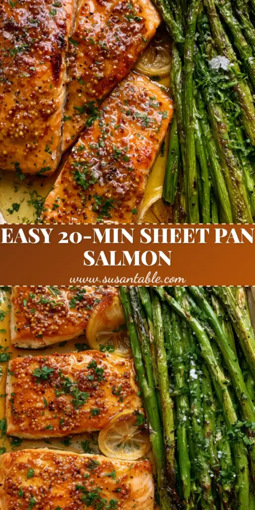 A top-down photo of Honey Dijon Baked Salmon on a sheet pan with charred asparagus, glistening honey glaze, and whole grain mustard seeds.