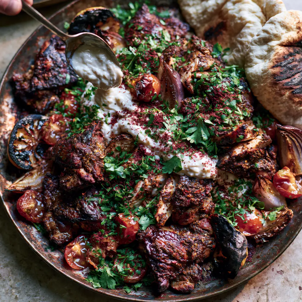 Chicken Shawarma Recipe with Roasted Tomatoes and Creamy Toum 2 Close up of charred chicken thighs with roasted lemon slices and red onion wedges on a dark metal pan. (chicken shawarma recipe)