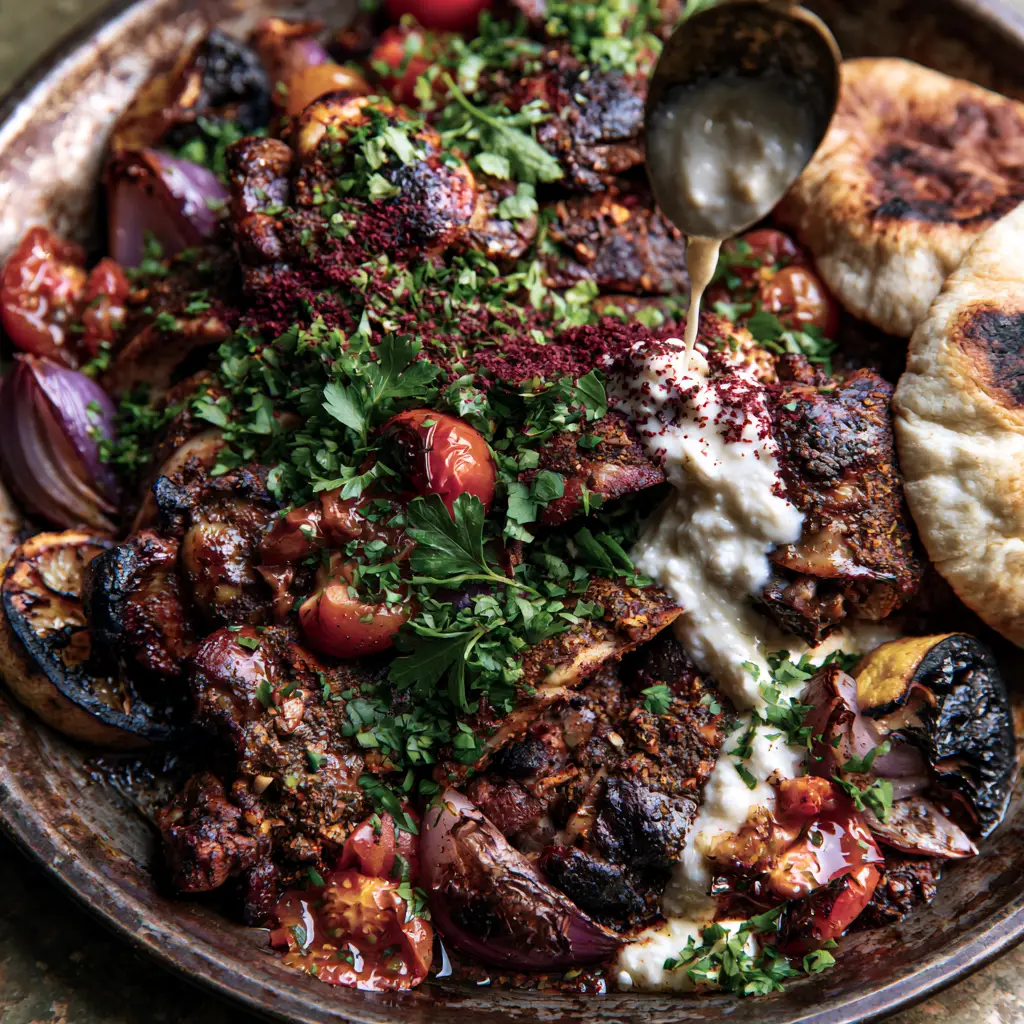 Chicken Shawarma Recipe with Roasted Tomatoes and Creamy Toum 1 A high-angle photo of chicken shawarma being drizzled with a thick snow-white garlic Toum sauce.