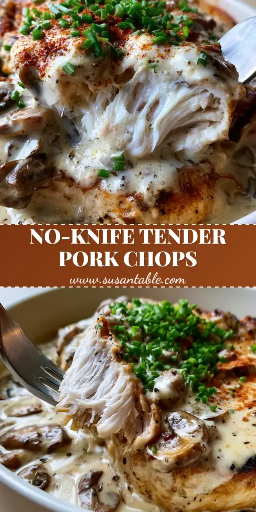 Pork Chop Supreme with Creamy Mushroom Gravy 3 A thick Pork Chop Supreme being pulled apart by a silver fork in a matte white ceramic dish, covered in creamy mushroom gravy and chives.