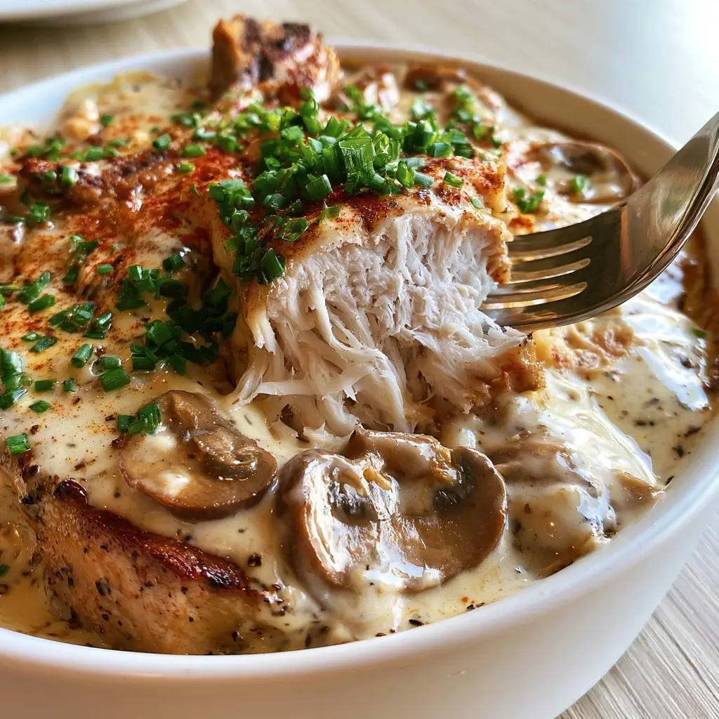 Pork Chop Supreme with Creamy Mushroom Gravy 2 Ultra close-up of a Pork Chop Supreme showing the juicy interior meat fibers and thick cream gravy with black pepper.