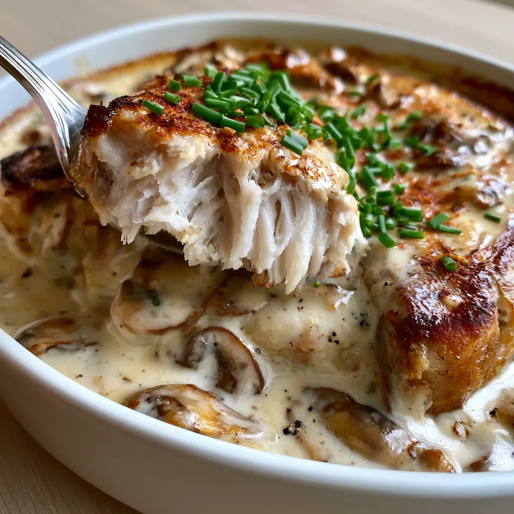 Pork Chop Supreme with Creamy Mushroom Gravy 1 Close-up of golden-brown seared pork edges and sautéed cremini mushrooms in an ivory cream sauce.