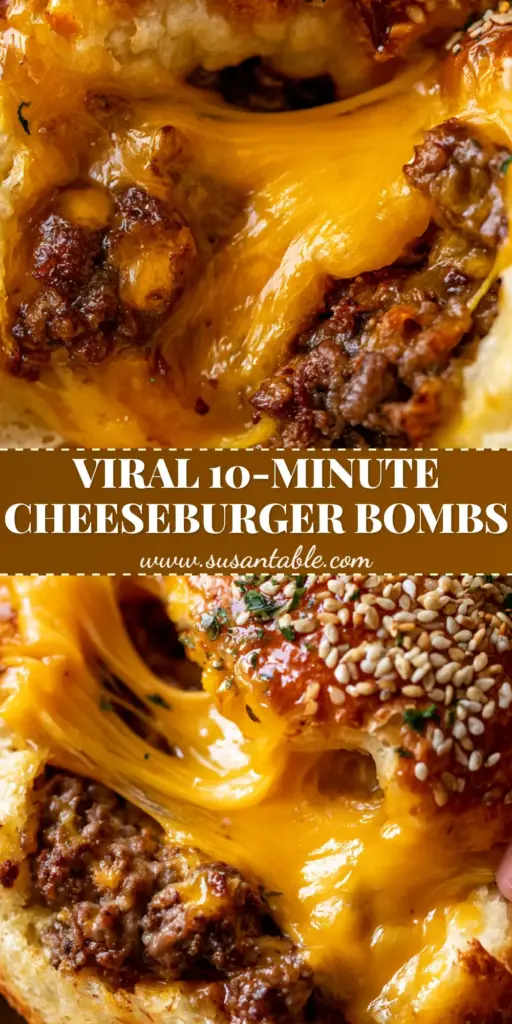 Cheeseburger Bombs: The Ultimate Air Fryer Stuffed Biscuit Recipe 3 A stack of golden-brown cheeseburger bombs topped with sesame seeds and parsley, showing a melted cheese center.