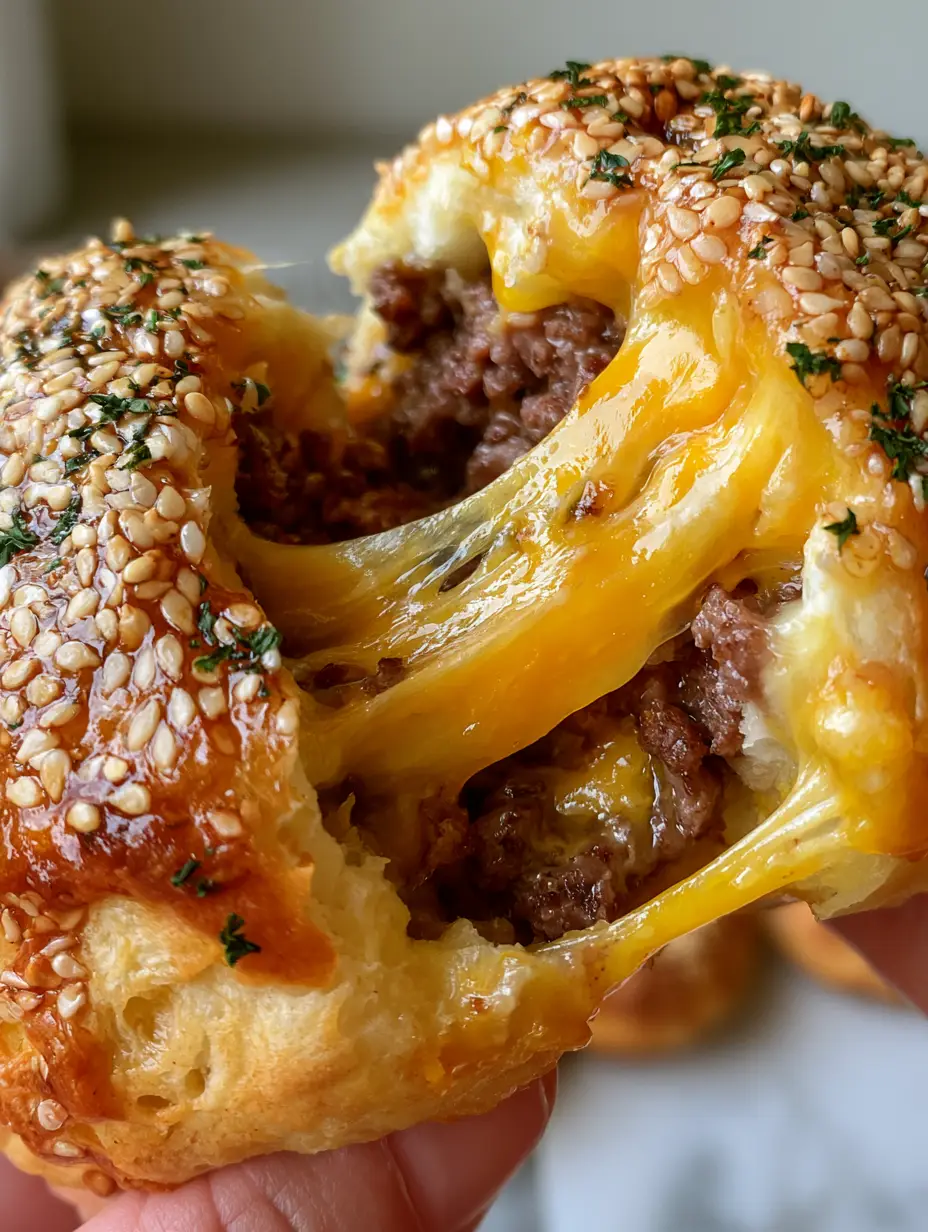 Cheeseburger Bombs: The Ultimate Air Fryer Stuffed Biscuit Recipe 4 Extreme close-up of a golden-brown air-fried cheeseburger bomb being pulled apart with a thick, gooey yellow cheddar cheese pull. (cheeseburger bombs)