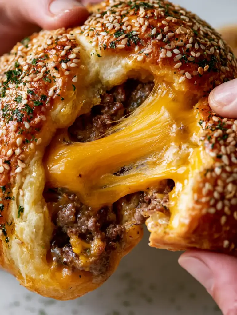 Cheeseburger Bombs: The Ultimate Air Fryer Stuffed Biscuit Recipe 1 A close-up shot of several cheeseburger bombs glistening with melted butter wash and a heavy coating of toasted white sesame seeds.