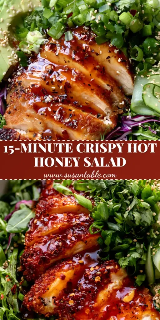 Hot Honey Chicken Salad: The Ultimate Crispy & Spicy Salad Experience 3 A top-down view of a gourmet Hot Honey Chicken Salad featuring crispy panko chicken and an amber glaze in a white bowl.