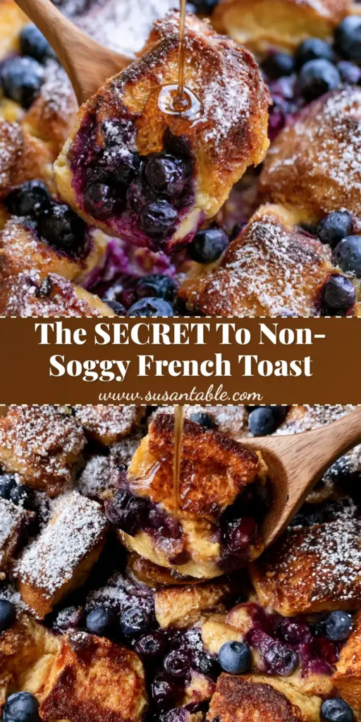 A vertical shot of blueberry French toast casserole in a white ceramic dish with a maple syrup drizzle.