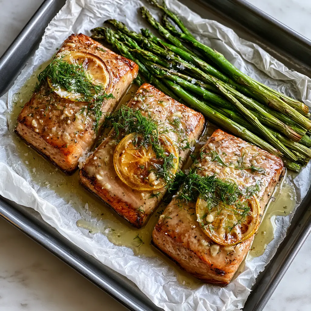 Sheet Pan Lemon Garlic Butter Salmon: The Ultimate One-Pan Dinner 1 Close up of vibrant green charred asparagus tips and flaky salmon with fresh dill garnish.