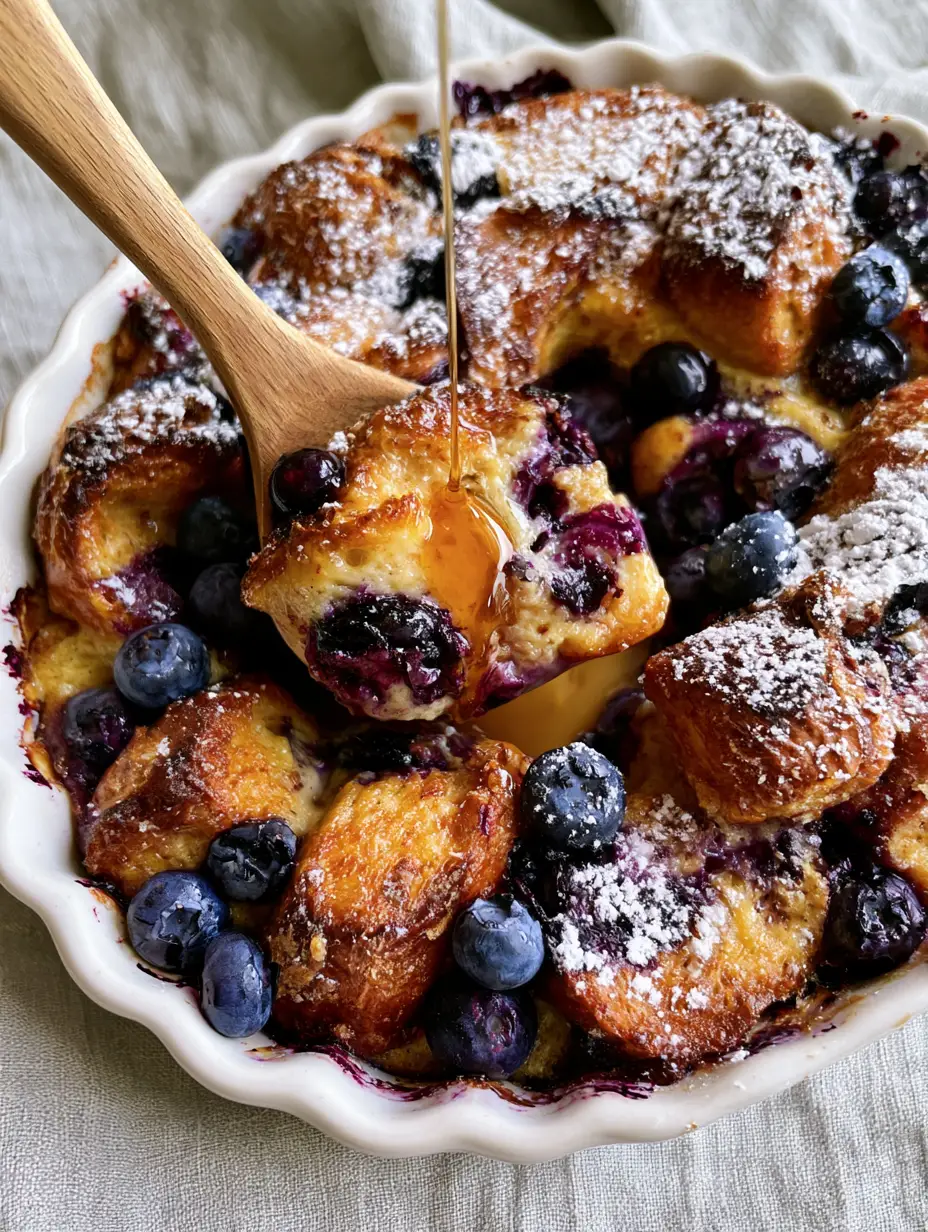 High-angle view of a blueberry French toast casserole with toasted brioche and fresh blueberries.