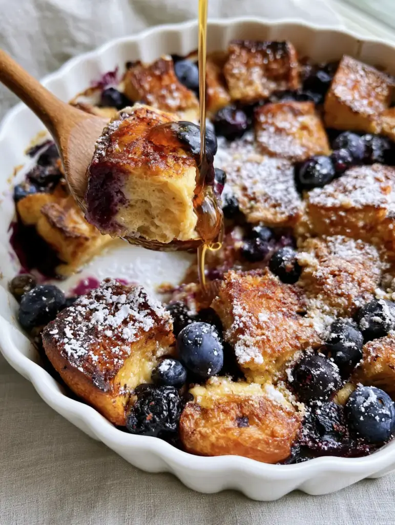 A wooden spoon lifting a serving of blueberry French toast casserole showing a custardy center.