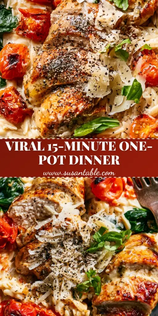 Simple and Tasty Recipe: One-Pot Creamy Mediterranean Chicken and Orzo 4 A rustic ceramic bowl of Mediterranean chicken and orzo with golden chicken medallions and blistered tomatoes. (Simple and tasty recipe)