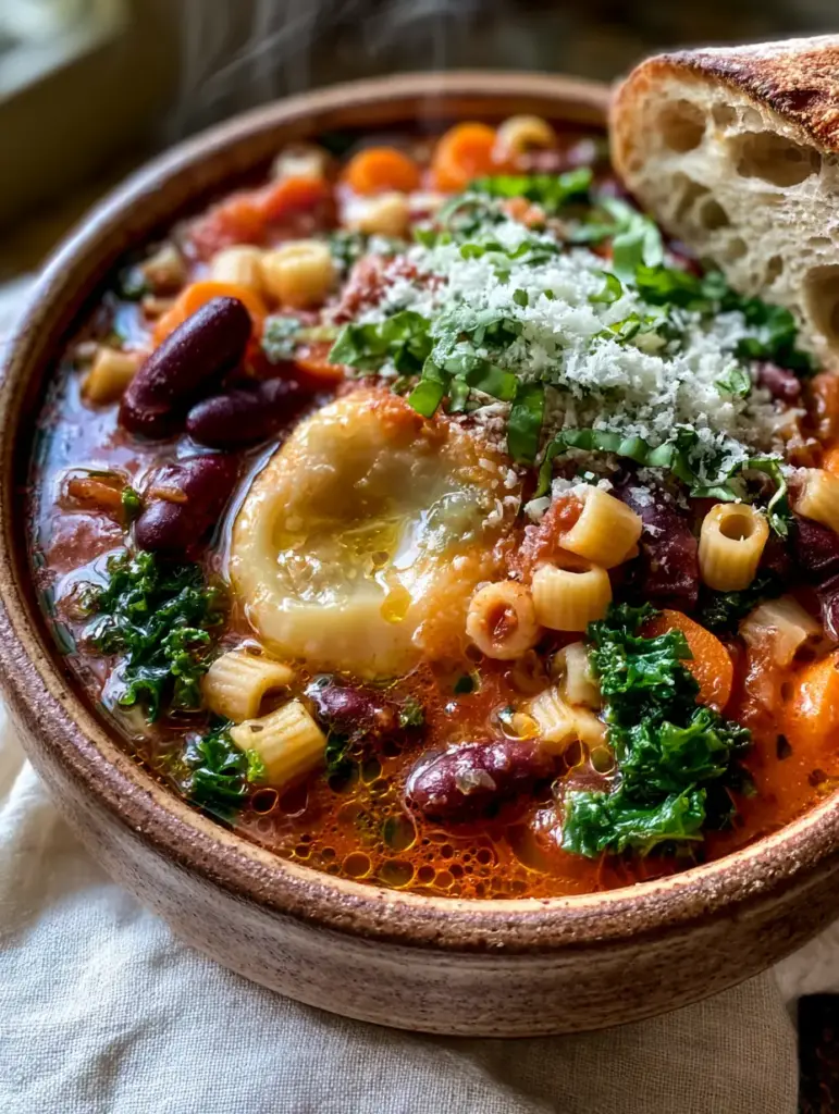 Winter Minestrone Soup with Parmesan Rind and Toasted Sourdough 2 Close-up of Winter Minestrone Soup showing velvety tomato broth, ditalini pasta, and olive oil droplets. (Winter Minestrone Soup)