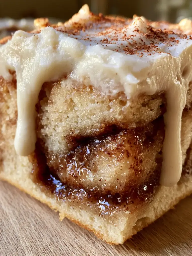 Cinnamon Roll Bliss Bars with Molten Swirls and Cream Cheese Glaze 2 Extreme close-up of a Cinnamon Roll Bliss Bar being lifted to show the soft dough crumb and glistening molten cinnamon center.