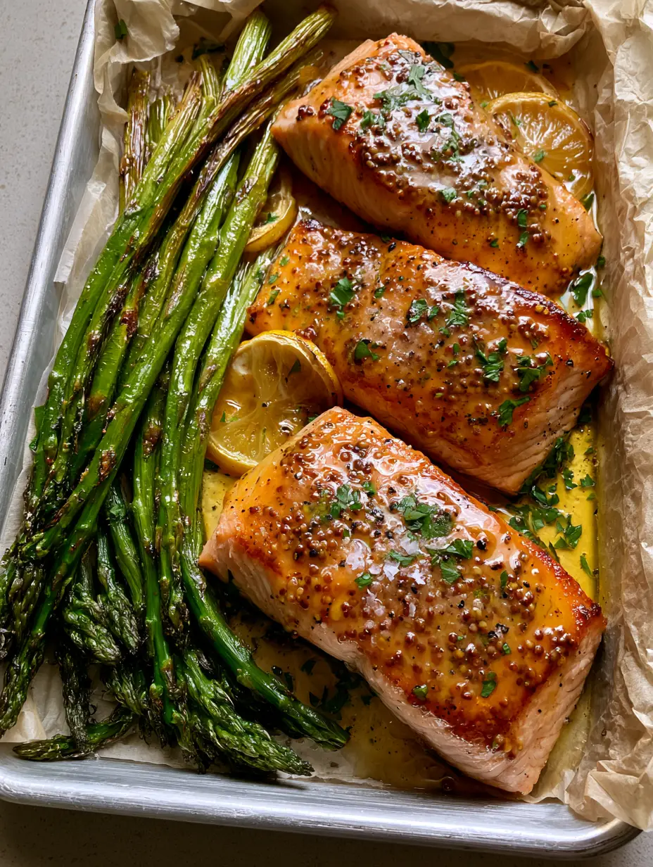 Overhead view of three Atlantic salmon fillets with bubbling honey dijon glaze and whole grain mustard seeds. (Honey Dijon Baked Salmon)