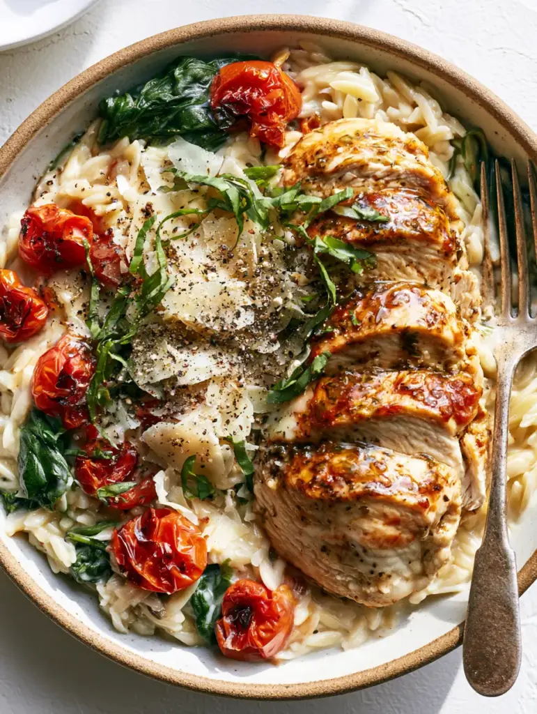 Simple and Tasty Recipe: One-Pot Creamy Mediterranean Chicken and Orzo 1 Close up of blistered cherry tomatoes and wilted spinach in a creamy orzo base.